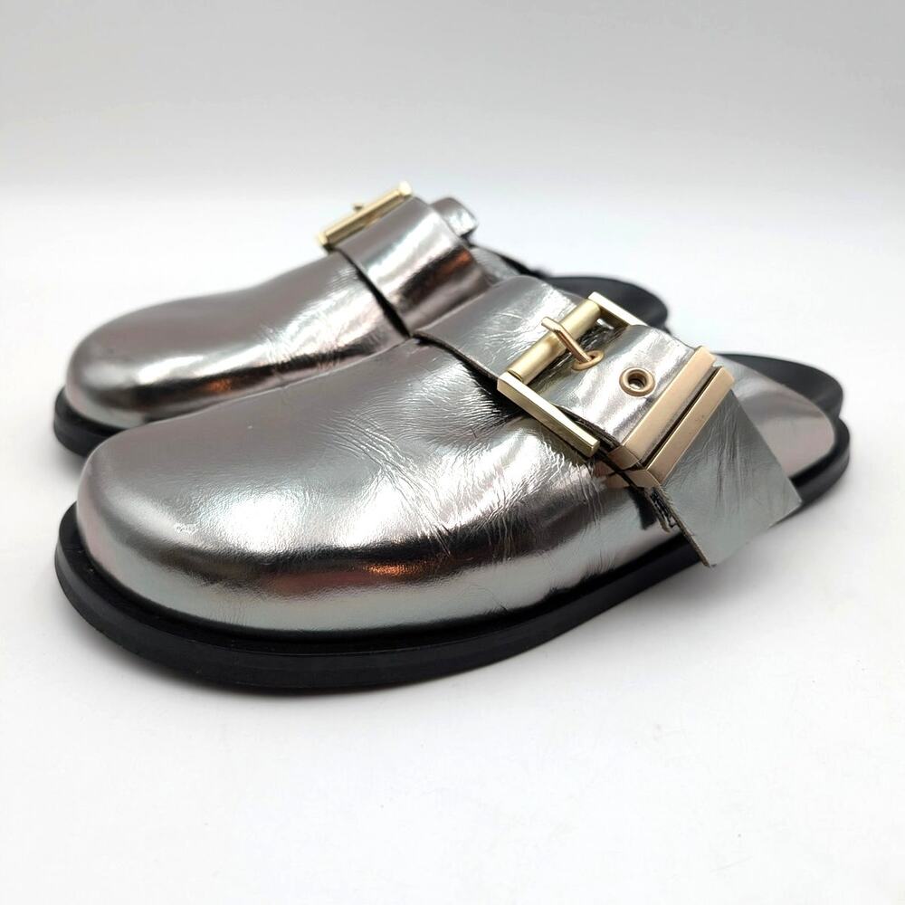 AllSaints Venus Shearling Slip On Mule Shoes Women's Mirror Silver Size US6 EU36